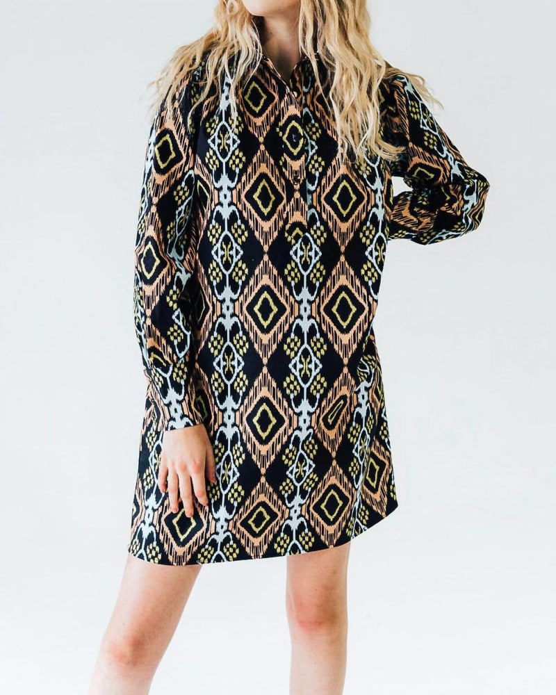 Front of a model wearing a size L Long Sleeve Everything Dress In Ikat in Ikat by Never a Wallflower. | dia_product_style_image_id:359556